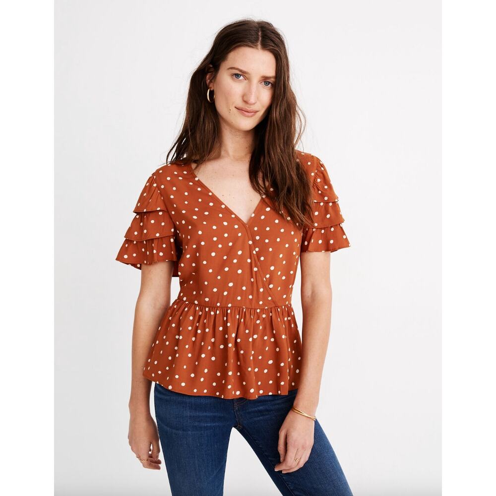 Madewell Tiered-Sleeve Peplum Top in Inkspot Dot Size 8 Preppy Y2K Multicolor